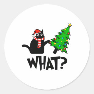 Pegatina Redonda Regalo divertido de gato negro empujando el árbol