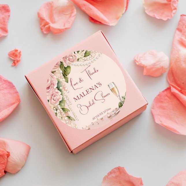 Pegatina Redonda Regalo elegante para despedida de soltera con perl (Pearls and prosecco bridal shower elegant thank you favor stickers blush pink coral roses and pearls)