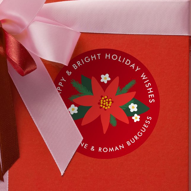 Pegatina Redonda Regalo navideño de los Navidades clásicos de Poins (dark cherry red modern poinsettia custom text Christmas gift sticker)