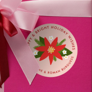 Pegatina Redonda Regalo navideño de los Navidades de la poinsettia