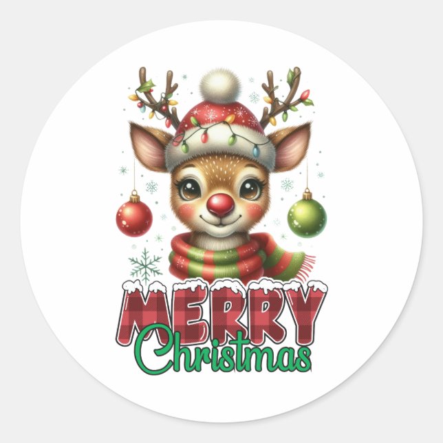 Pegatina Redonda Regalo navideño Feliz reno navideño (Anverso)