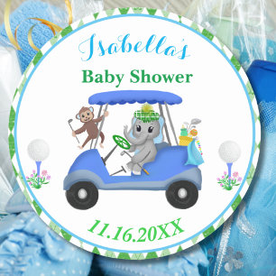 Pegatina Redonda Regalo para Baby Shower de Niño Elefante y Mono de