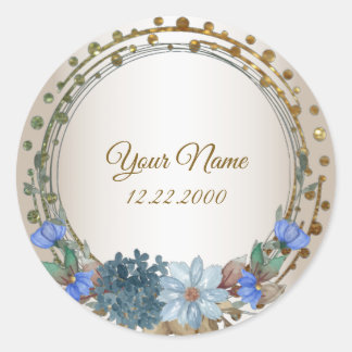 Pegatina Redonda Regalo para la boda azul floral dorado vintage