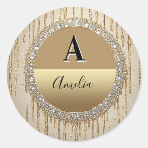 Pegatina Redonda Regalo Personalizado de Monograma de Oro para Boda