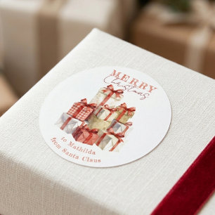 Pegatina Redonda Regalos Clásicos de Acuarela Roja de Papá Noel
