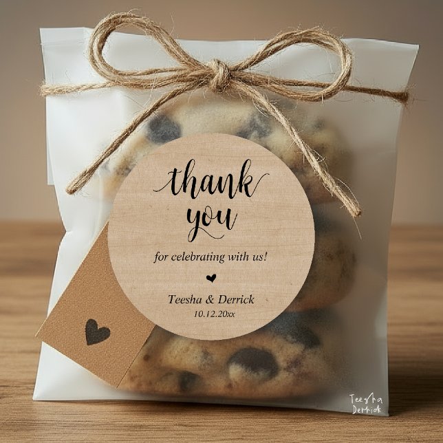 Pegatina Redonda Regalos de agradecimiento para cena de boda rústic (Modern Rustic Wedding Dinner Thank You Gifts Classic Round Sticker cute heart Brown Kraft)