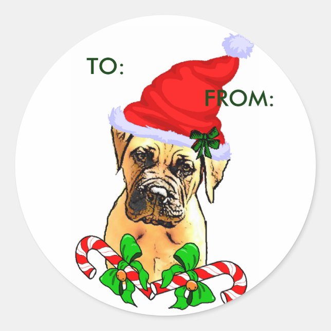 Pegatina Redonda Regalos de Navidades Bullmastiff, A:, DE: (Anverso)