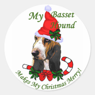 Pegatina Redonda Regalos de Navidades de Hound Basset
