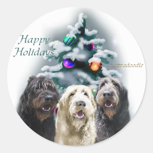 Pegatina Redonda Regalos de Navidades de Labradoodle (Anverso)