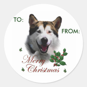 Pegatina Redonda Regalos de Navidades de Malamute en Alaskan