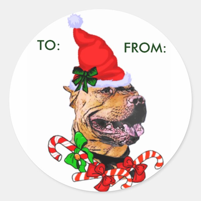Pegatina Redonda Regalos de Navidades de Pit Bull Terrier (Anverso)