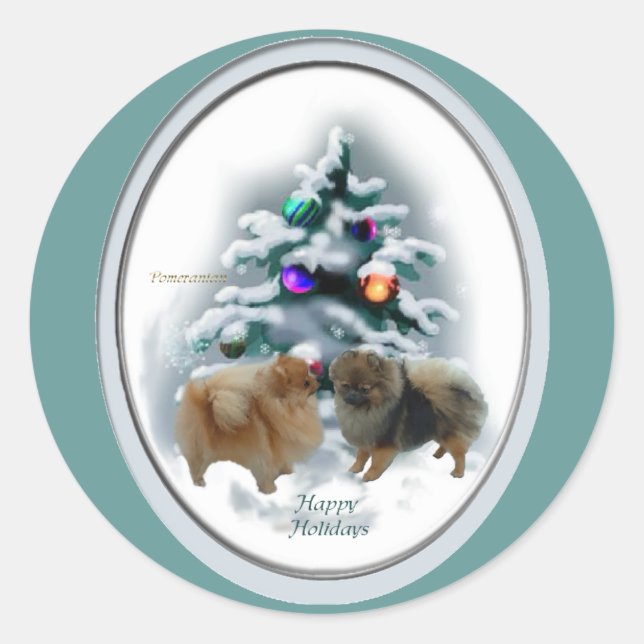 Pegatina Redonda Regalos de Navidades de Pomerania (Anverso)