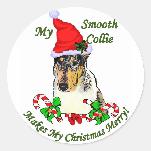 Pegatina Redonda Regalos de Navidades de Smooth Collie (Anverso)