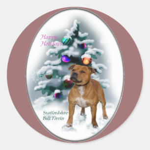 Pegatina Redonda Regalos de Navidades de Staffordshire Bull Terrier