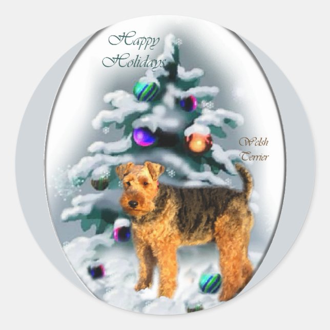 Pegatina Redonda Regalos de Navidades de Welsh Terrier (Anverso)