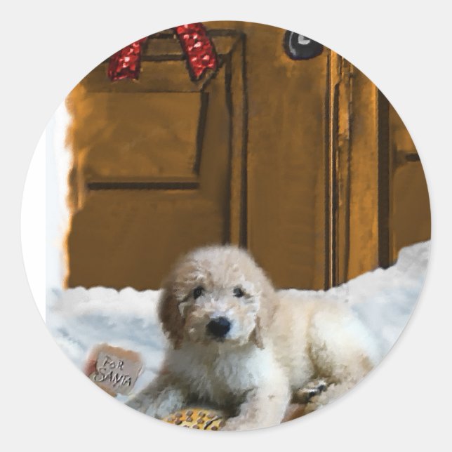 Pegatina Redonda Regalos de Navidades Goldendoodle (Anverso)