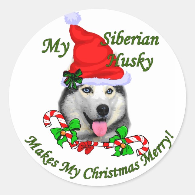 Pegatina Redonda Regalos de Navidades Husky Siberianos (Anverso)