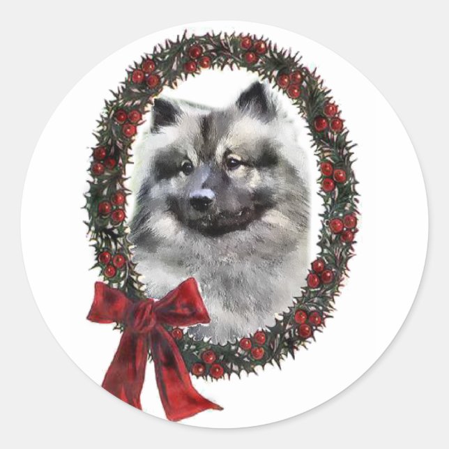 Pegatina Redonda Regalos de Navidades Keeshond (Anverso)