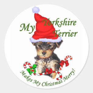 Pegatina Redonda Regalos de Navidades Terrier de Yorkshire