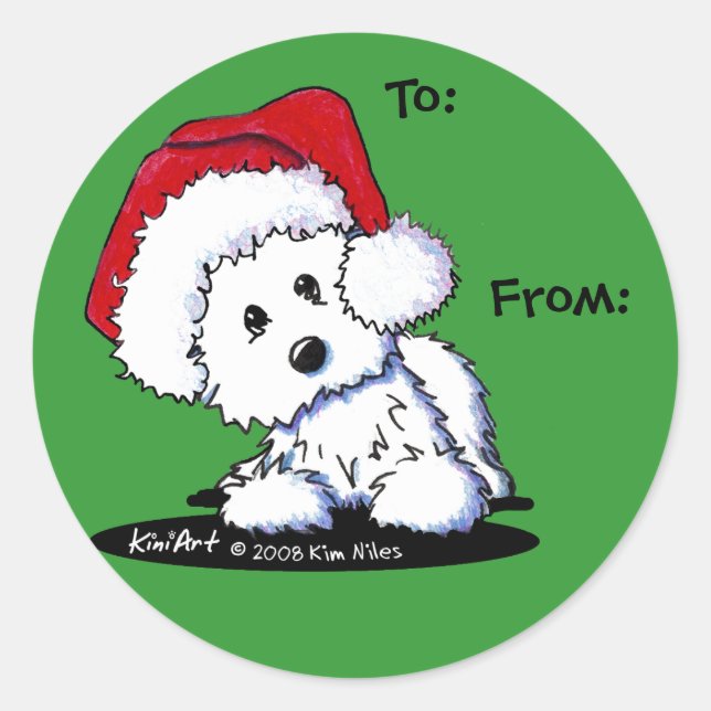 Pegatina Redonda Regalos de perro de KiniArt Santa Westie (Anverso)