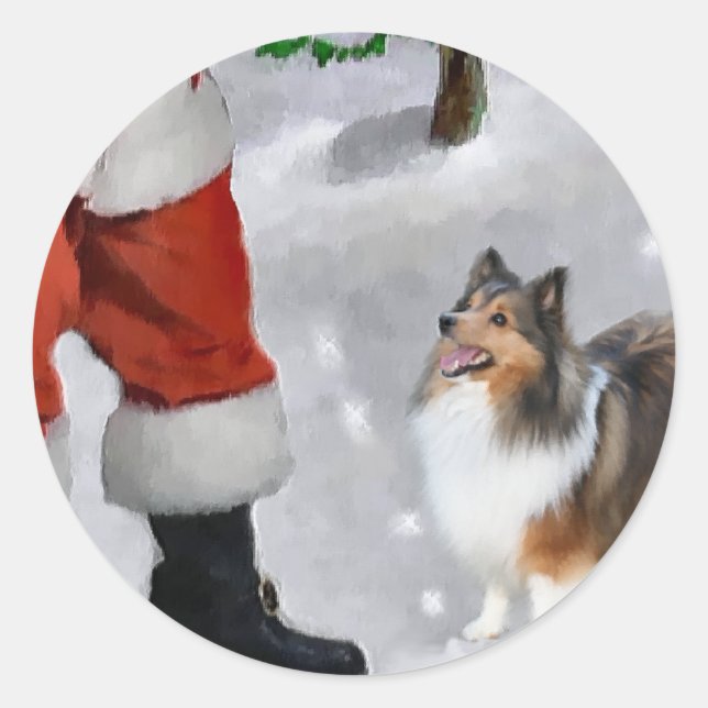 Pegatina Redonda Regalos de Shetland Sheepdog Sheltie Navidades (Anverso)