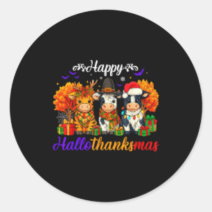 Pegatina Redonda Regalos de Vacas Feliz Hallothanksmas Para Granjer