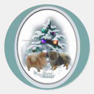 Pegatina Redonda Regalos del navidad de Pomeranian