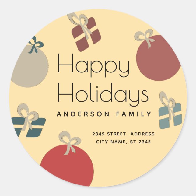 Pegatina Redonda Regalos divertidos y coloridos de adornos (Anverso)