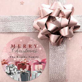 Pegatina Redonda Regalos Modernos de Navidad con Brillo Glam Rosa P