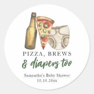 Pegatina Redonda Regalos para baby shower: Pizza, cervezas y pañale