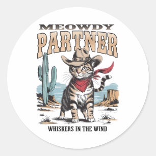 Pegatina Redonda Regalos Vintage De Gato Meowdy Partner Cowboy Para