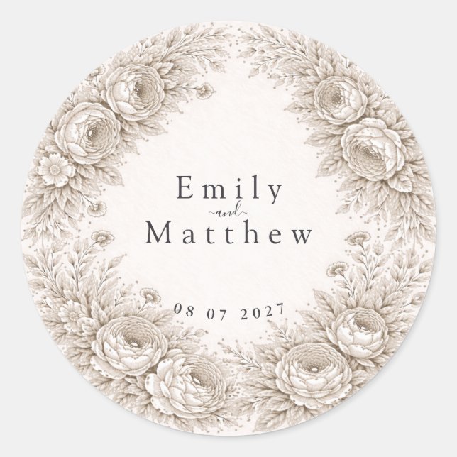 Pegatina Redonda Regency Botanical Engraving Wedding Sticker Set (Anverso)