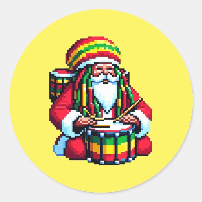 Pegatina Redonda Reggae Santa Drummer - Navidades de arte Fun Pixel (Anverso)