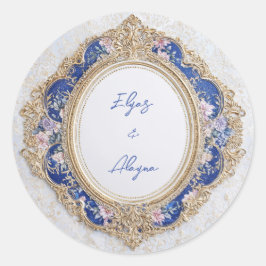 Pegatina Redonda Regio Victorian Azul Dorado Floral Óvalo Boda