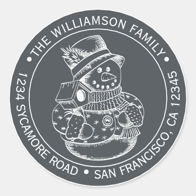 Pegatina Redonda Regreso de Navidad Hombre de Nieve Negro Dirección (Anverso)