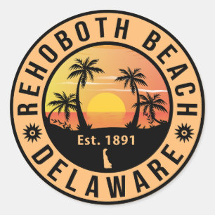 Pegatina Redonda Rehoboth Beach Delaware Retro Sunset Souvenirs 70
