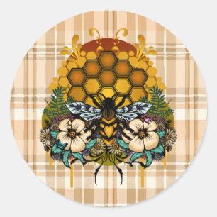 Pegatina Redonda Reina Abeja Panal Floral Cuadro Cottagecore