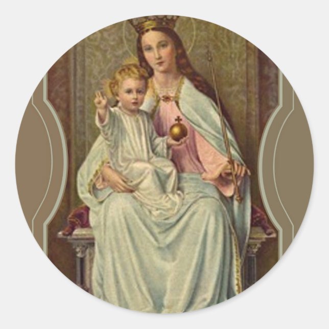 Pegatina Redonda Reina coronada del infante del cielo Jesús sujetan (Anverso)