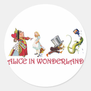 PEGATINA REDONDA REINA DE CORAZONES, MAD HATTER Y BILL THE LIZARD
