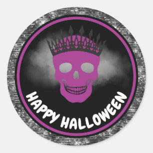 Pegatina Redonda Reina de la Calavera Morada y Halloween de Brillo