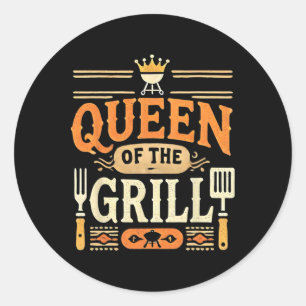 Pegatina Redonda Reina De La Parrilla Carne Ahumada Byrbecue Bbq 1 