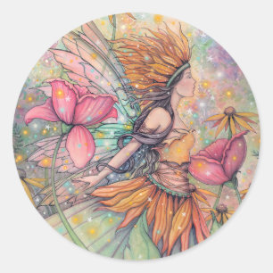 Pegatina Redonda Reina de Verano Hada Fantasía Arte
