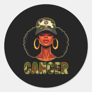 Pegatina Redonda Reina del cáncer mujer negra con gorra camuflaje c