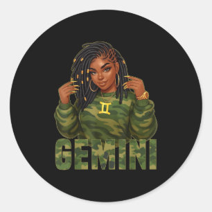 Pegatina Redonda Reina Géminis Locd Mujer Negra Camo Signo Zodiacal