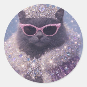 Pegatina Redonda Reina Glamurosa Gato Fantasía Brillante Retrato
