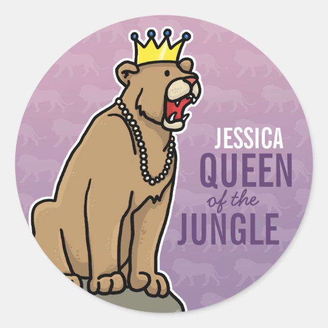 Pegatina Redonda Reina leona de la jungla, añade nombre púrpura (Anverso)
