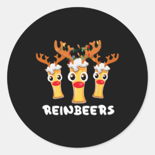 Pegatina Redonda Reinbeers Navidades divertidos de cerveza de reno