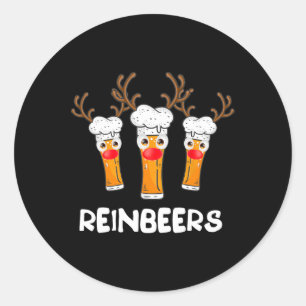 Pegatina Redonda Reinbeers Navidades divertidos de cerveza de reno