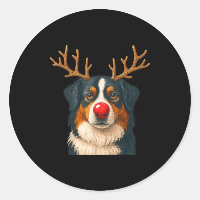 Pegatina Redonda Reindeer Australian Shepherd Christmas Aussie Dog  (Anverso)