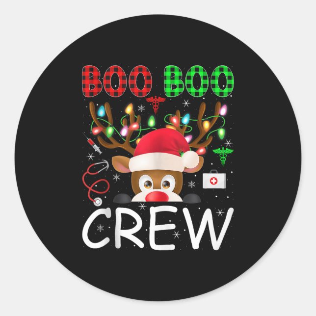 Pegatina Redonda Reindeer Nurse Christmas Scrub Tops Boo Crew Nurse (Anverso)